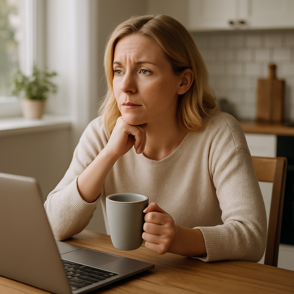 Mother thinking while working at computer