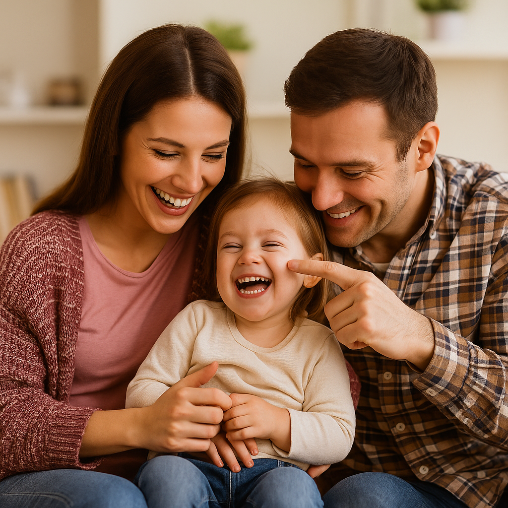 Parents smiling with their child